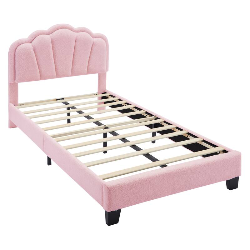 Sherpa Fabric Upholstered Platform Bed with Elegant Flowers Headboard and Wooden Slats Support