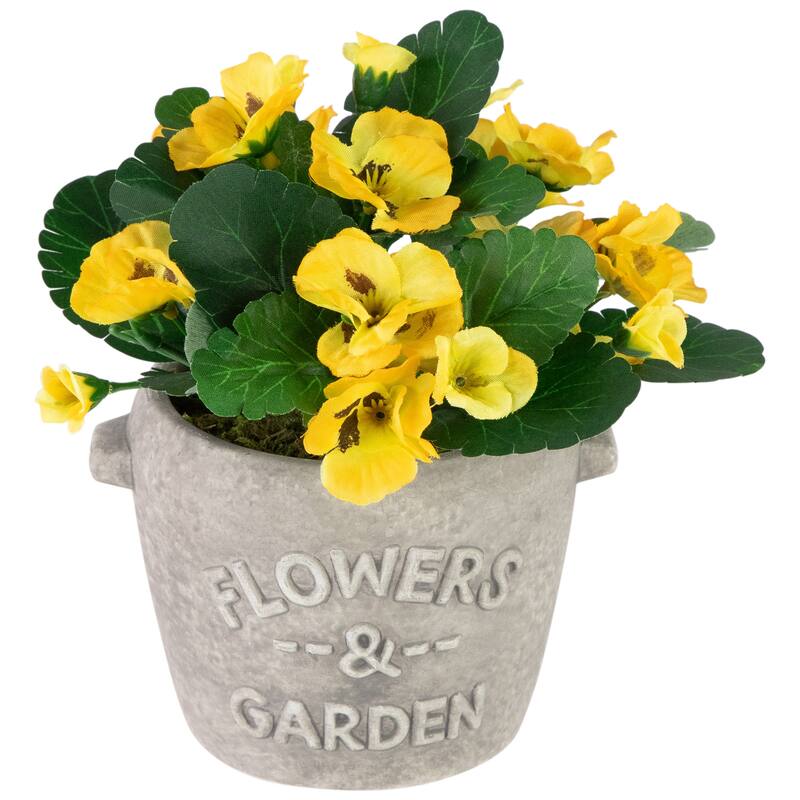 7" Yellow Pansy Artificial Floral Arrangement In "Flowers Garden" Pot