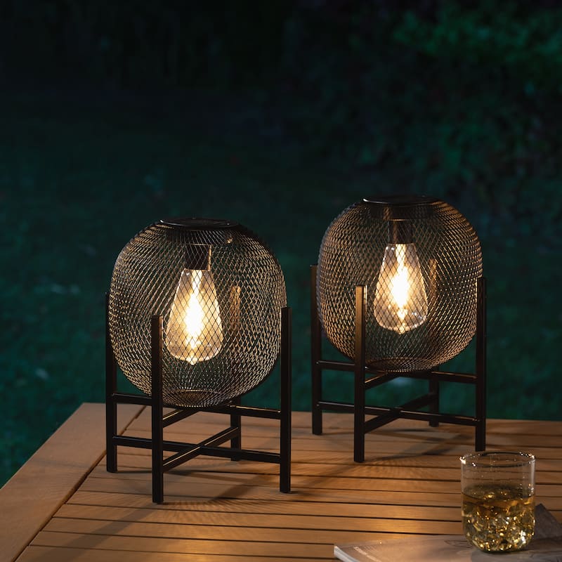 Glitzhome 11.5"H Set of 2 Mesh Edison Bulb Outdoor Solar Lantern with Stand