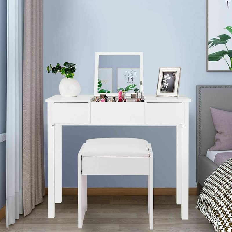 Costway White Vanity Dressing Table Furniture Stool Storage Box - White
