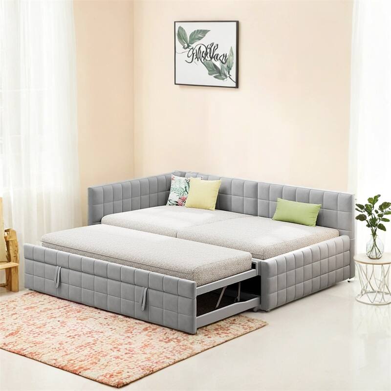 Full Size Upholstered L-Shaped Upholstered Daybed with Pop Up Trundle
