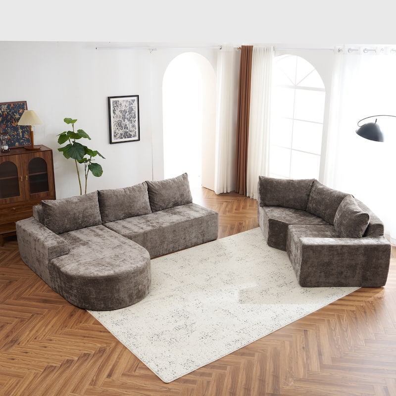 Chenille U-shaped Sofa, Cloud Sectional Sofa Set Upholstered Deep Seat Couches with 6 Pillow Recliner Sofa for Living Room