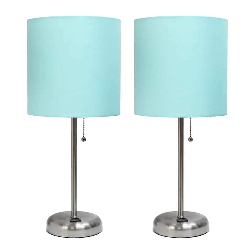 Simple Designs 19.5" 2 Pack Table Desk Lamp Set with Charging Outlet - 19.50 - Brushed Steel/Aqua Shade