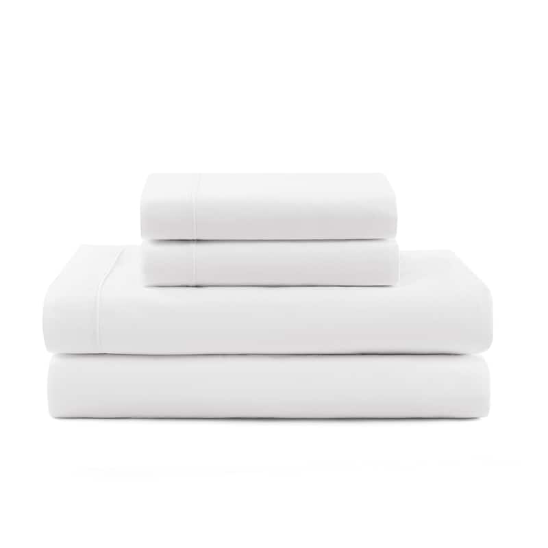 Tommy Hilfiger Hem Stripe Solid Cotton Sheet Set - White/White - Twin XL