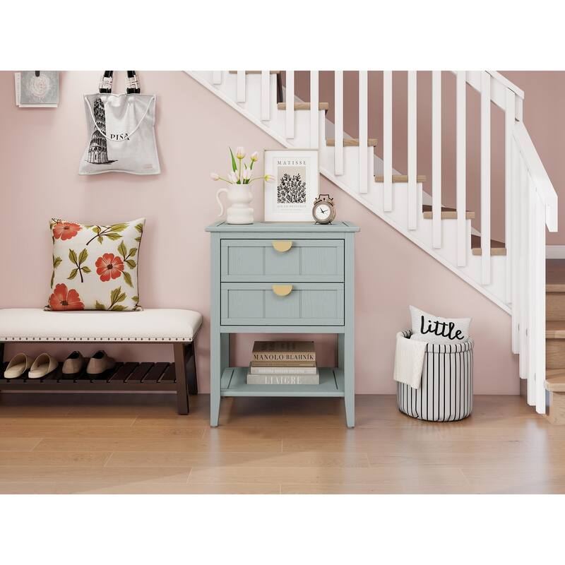 Roomfitters 2 Drawer Side Table, Wooden Nightstand End Table with Storage for Bedroom, Living Room, Light Grey