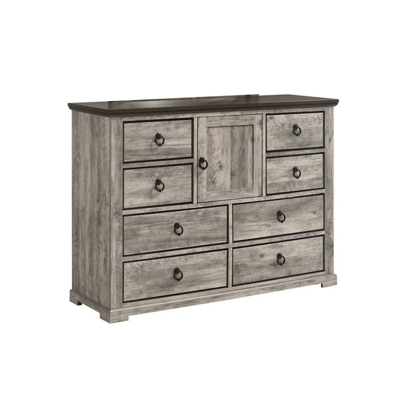 Elaya Wide Dresser, 8 Drawers, 1 Cabinet, Black Metal, Weathered Gray