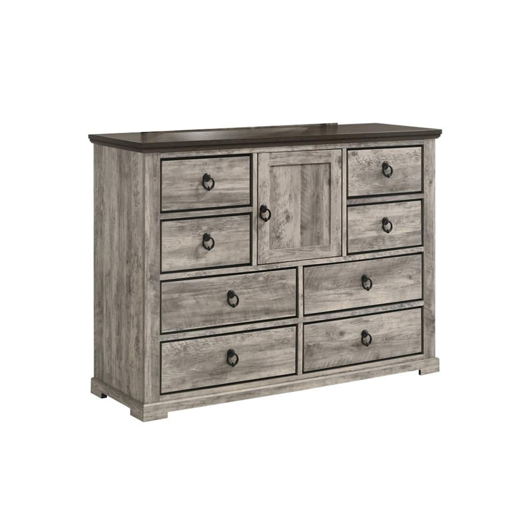 Elaya Wide Dresser, 8 Drawers, 1 Cabinet, Black Metal, Weathered Gray