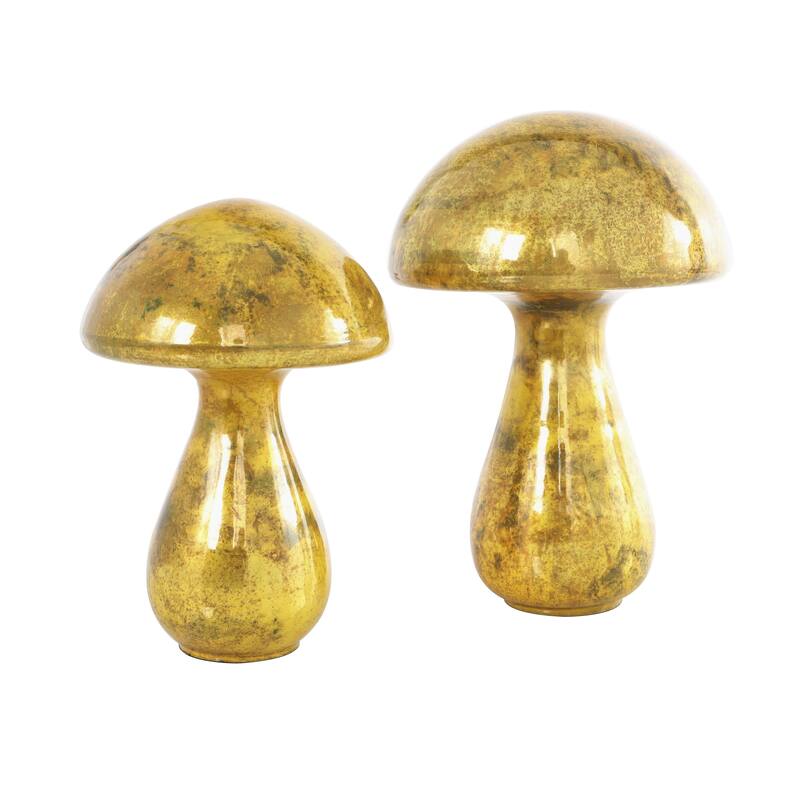 Glass Mushroom Glossy Weathered Decorative Sculpture - Set of 2 Green, Gold, Champane- Roche River Decor