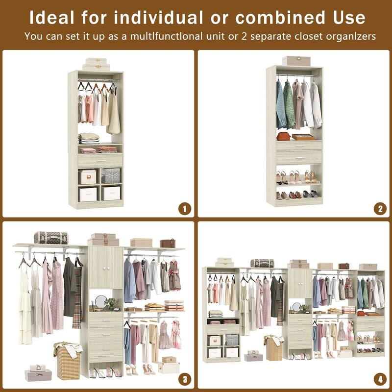 Rhezo 69"-145" W Freestanding Closet System With Wooden Drawers and Hanging Rods,Walk-in Closet Organizer with Doors
