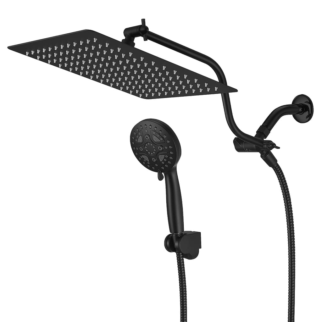 11.6 in. 7-Spray Patterns Dual Wall Mount Dual Shower Heads and Handheld Shower Head in Black
