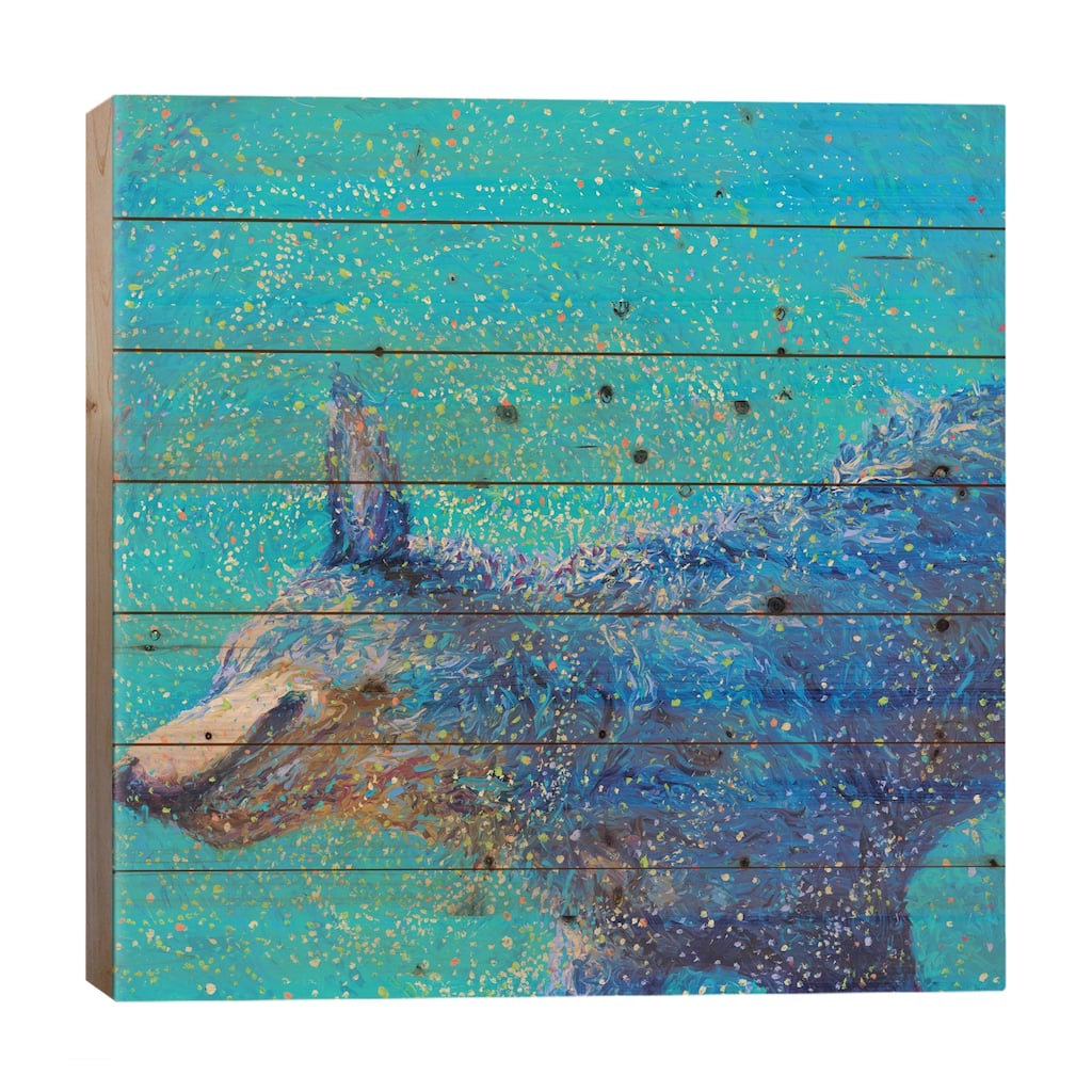 Shaking Blue Heeler Print On Wood by Iris Scott - Multi-Color