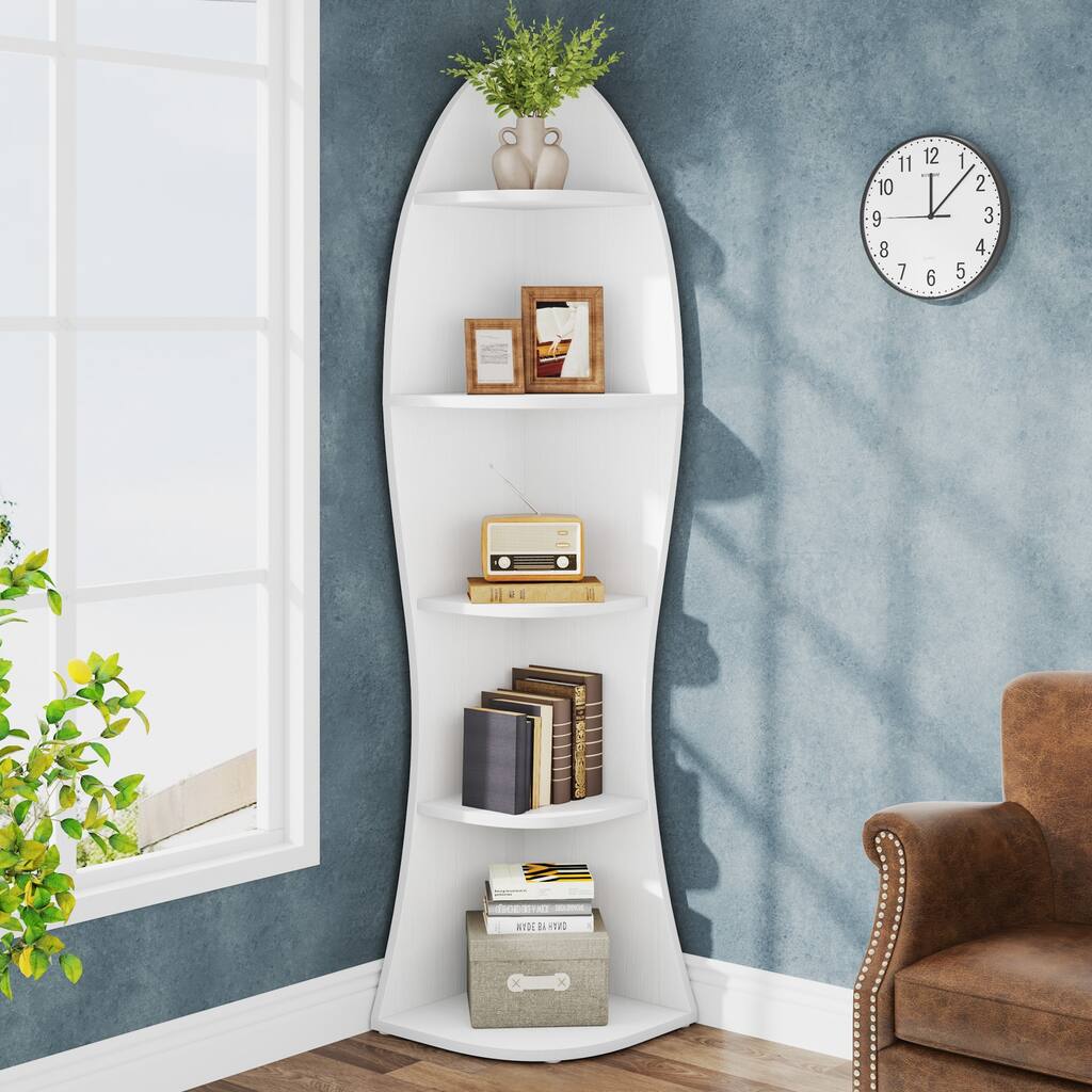 71-Inch Tall Corner Shelf, White 5-Tier Corner Bookshelf