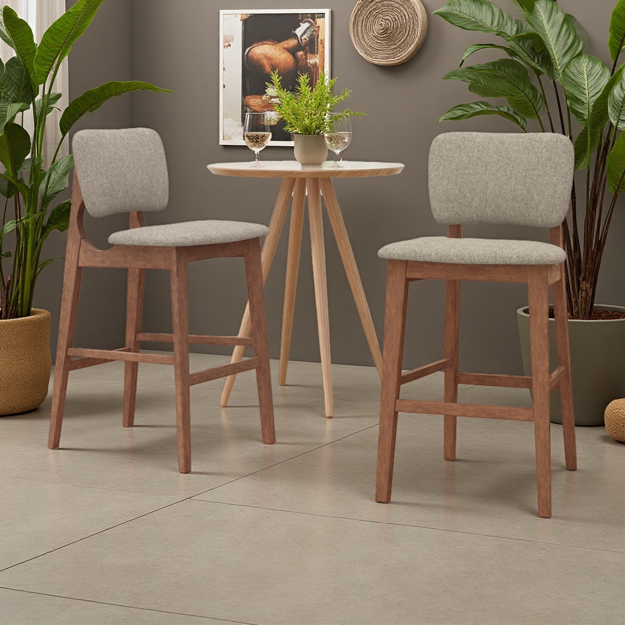 42.37"H Set of 2 Rubberwood Mid-Century Modern Barstool with Tapered Legs & Minimalist Wood Frame