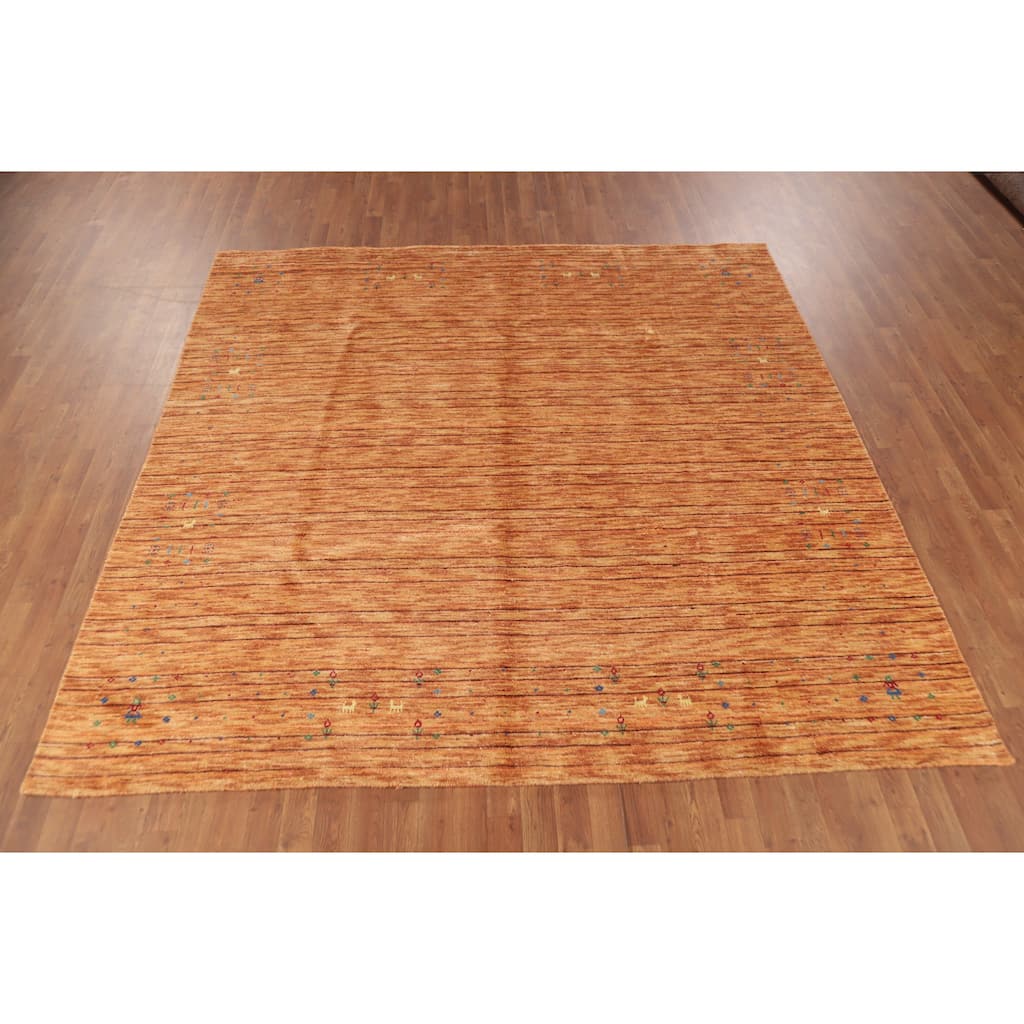 Hand Knotted Oriental Silk Carpet Tribal Animal Pictorial Oranges & Rust Gabbeh Area Rug - 8' 2'' X 8' 3''