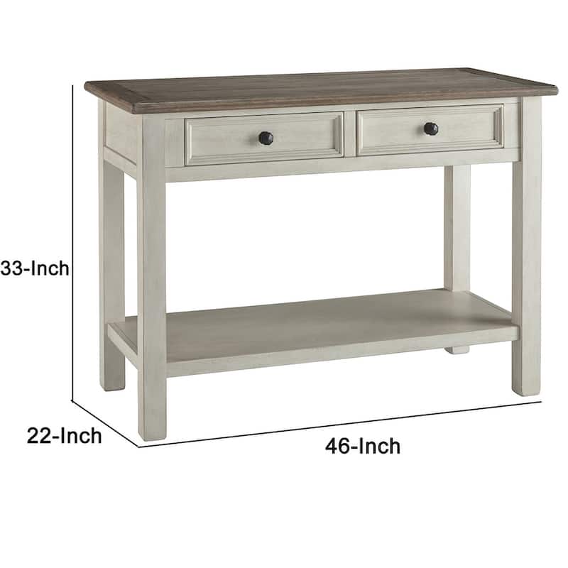 Sofa Table With Plank Style Top and 2 Gliding Drawers, Brown and White