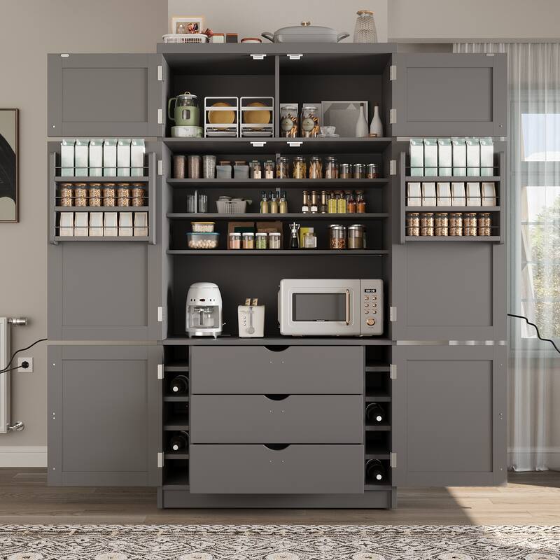 Roomfitters 80 Inch Extra Tall Kitchen Pantry Cabinet with Power Outlets and Wine Rack, Shaker Style - Grey