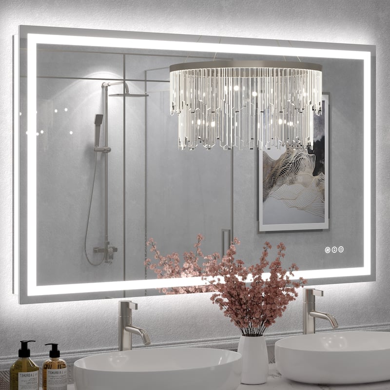 Large LED Bathroom mirror Tempered Glass Dimmable Anti-Fog Vanity Mirror - 48x28