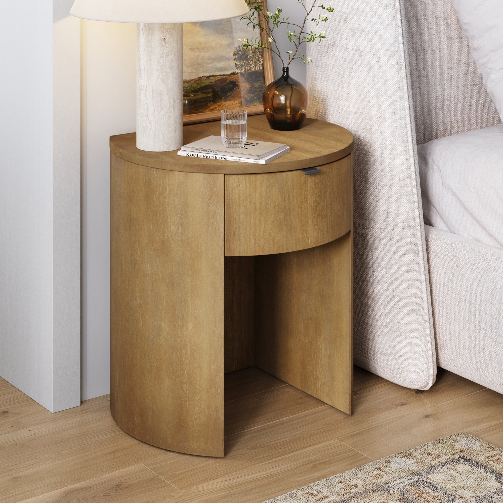 Shay Solid Wood Nightstand with Drawer, Contemporary Rounded Nightstand Table for Bedroom