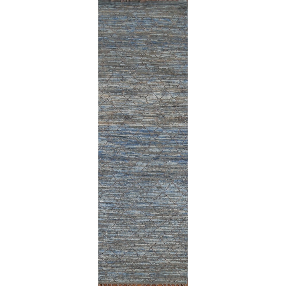 Striped Blue Trellis Moroccan Runner Rug Hand-Knotted Wool Carpet - 3'0"x 12'5"