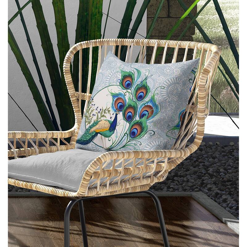 Paisley Peacock Dreams Indoor/Outdoor Reversible Throw Pillow Skyblue and Ivory