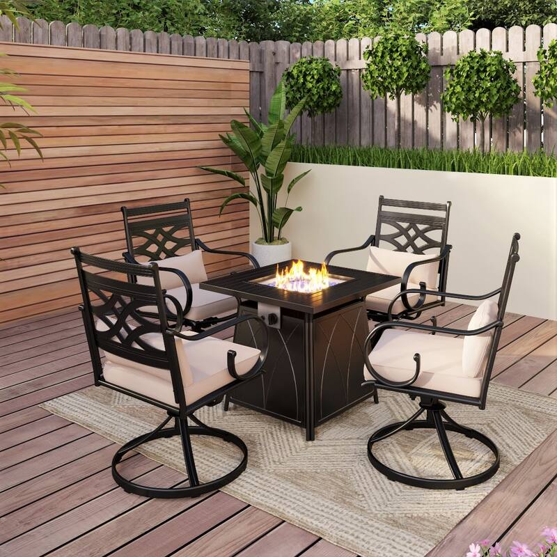 MAISON ARTS 5-Piece Outdoor Dining Set Gas Fire Pit Table & Elegant Cast Iron Pattern Dining Chairs - +Swivel Chairs