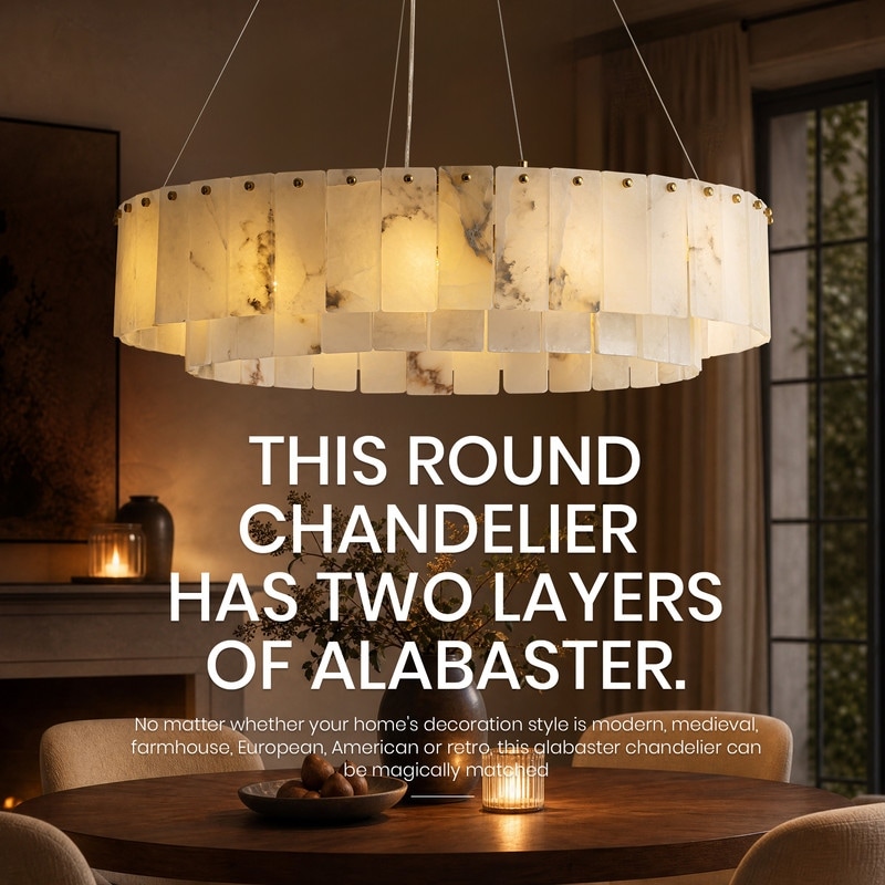 24 in. Alabaster Modern Chandeliers 9-Light Round Natural Marble Chandelier Pendant Light Fixture for Dining Room Kitchen