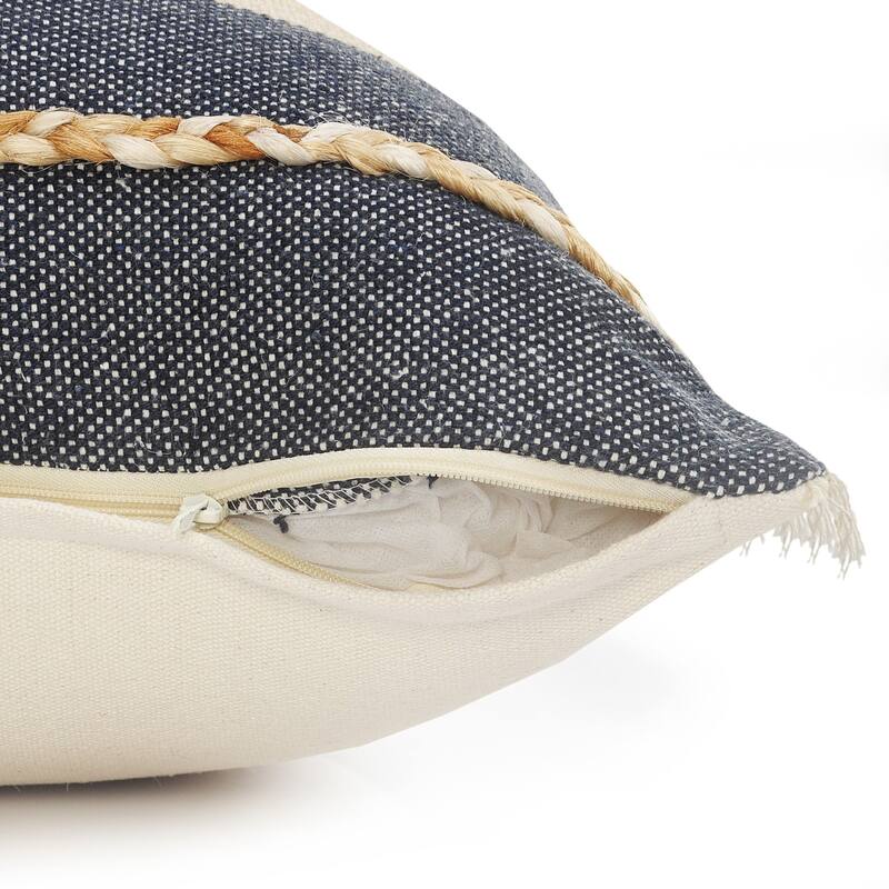 HomeRoots 20" X 20" Denim Blue Tan And Taupe Jute Coastal Zippered Pillow