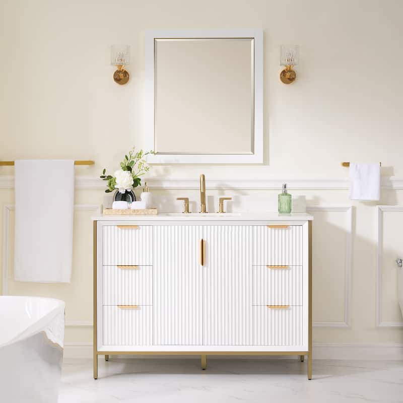 35''H Solid Wood Bathroom Vanity With Carrera White Quartz Top and Sink,White - 48''Wx35''H