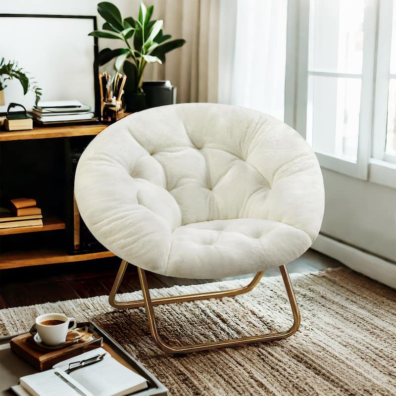 Cozy Saucer Chairs Faux Fur Living Room Reading Lounge Furniture Folding Comfy - 25.6"D x 35.8"W x 32.3"H - Cream