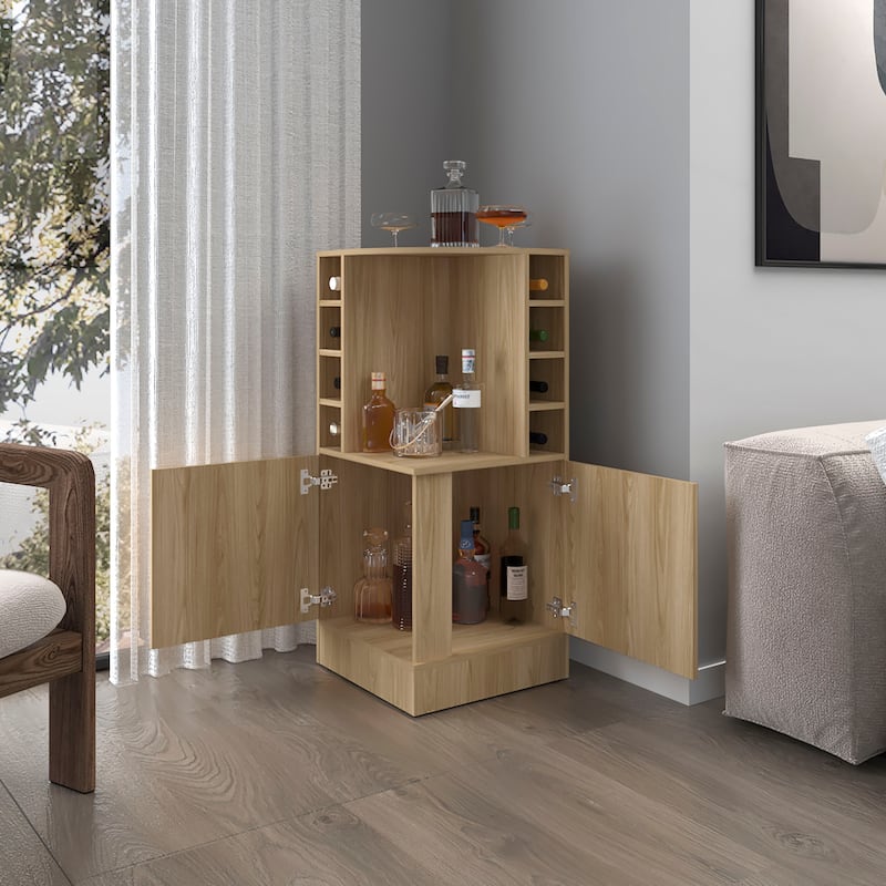 FM FURNITURE Toyei Corner Bar Cabinet with Bottle Rack, Open Shelves, and Hidden Storage, Natural Oak