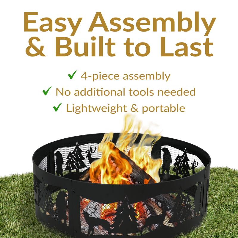 Forest Wilderness Black Steel Fire Pit Ring with Cutouts - 36"