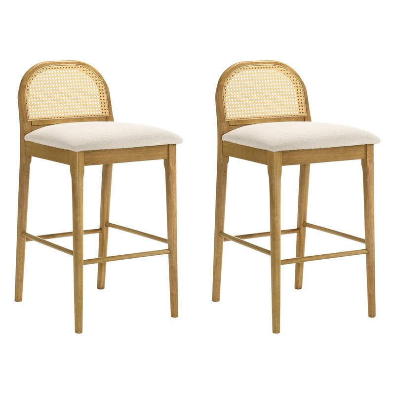 Lucio Modern Farmhouse Wood Counter Height Kitchen Bar Stool with White Boucle Fabric Upholstered Seat - Set of 2 - White/Amber Glow - Bar Height