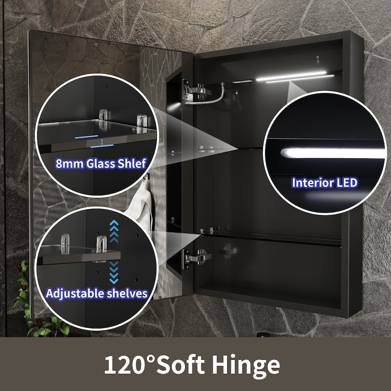ExBrite 20" x 30" LED Lighted Bathroom Medicine Cabinet with Mirror,Recessed or Surface Mount,Defog