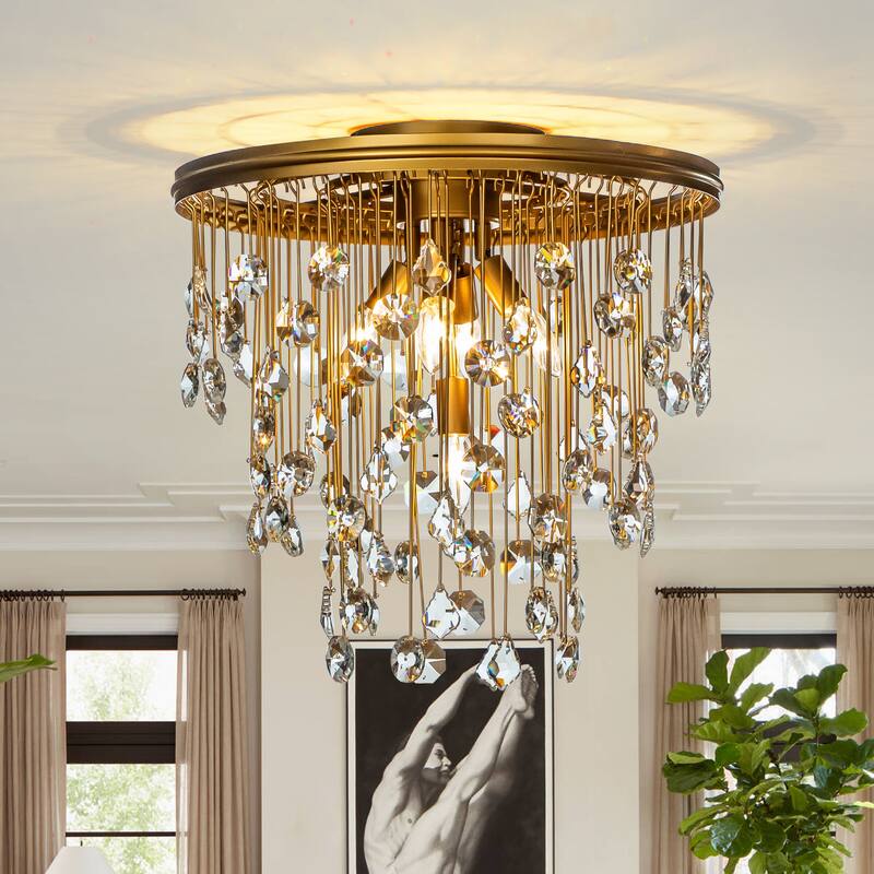 5/7-Light Contemporary and Glam Antique Gold Rain Drop Crystal Flush Mount - W20''