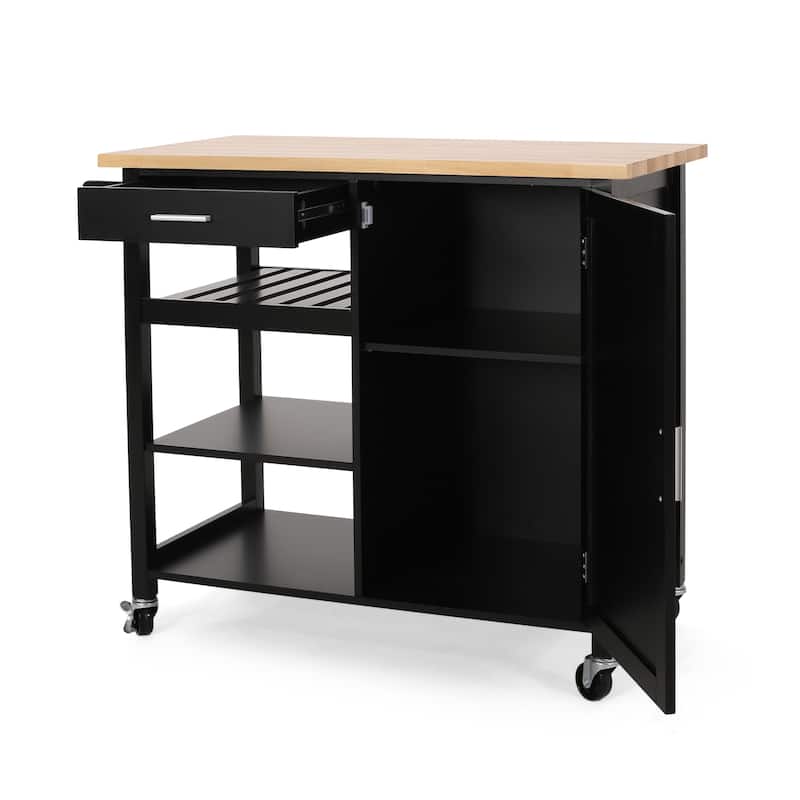 Modern Kitchen Cart with Rubberwood Top, Storage Drawer, Open Shelving, Includes Rolling Casters with Locks
