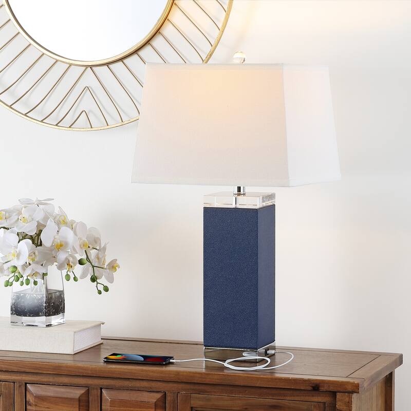 SAFAVIEH Lighting Buffy 27 Inch Navy Deco Leather Table Lamp (Set of 2)