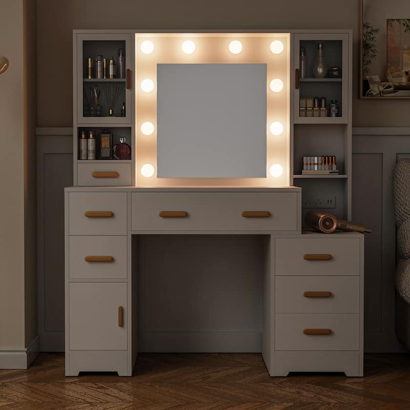 XINMICS Makeup Vanity Dressing Table, Vanity Desk with Mirror and Lights and Charging Station with 7 Drawers & 3 Cabinets