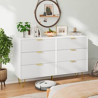 Modern White 6-Drawer Chest for Bedroom with Gold Handles, Deep