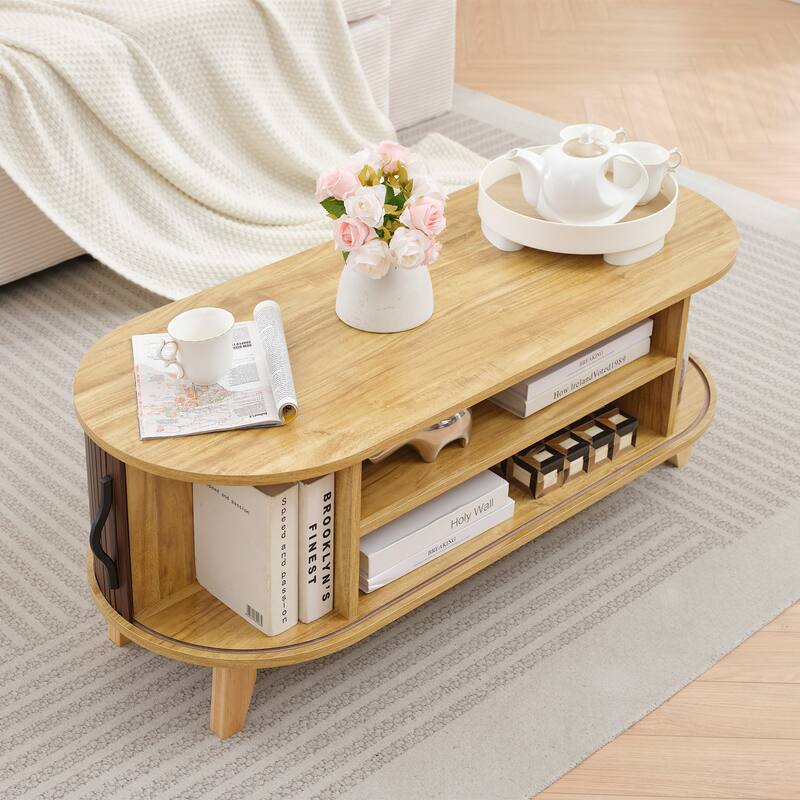 Sliding Door Coffee Table with Solid Wood Legs, Smooth Edges, and Ample Storage