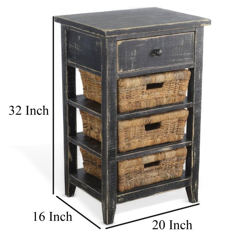 Rena End Table, 3 Natural Rattan Storage Baskets, 20 Inch Black Wood