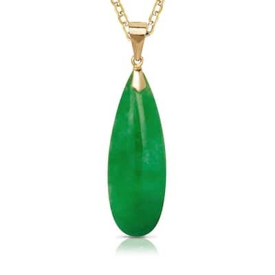 Curata 14k Yellow Gold 18" Green or Lavendar Jade Flat Elongated Tear-drop Necklace (7mm x 32mm)