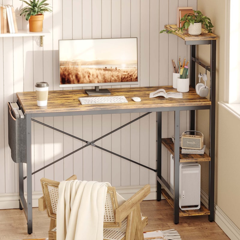 Computer Desk Home Office Desk with LED & Adjustable Shelves - 43.5"L - Rustic Brown