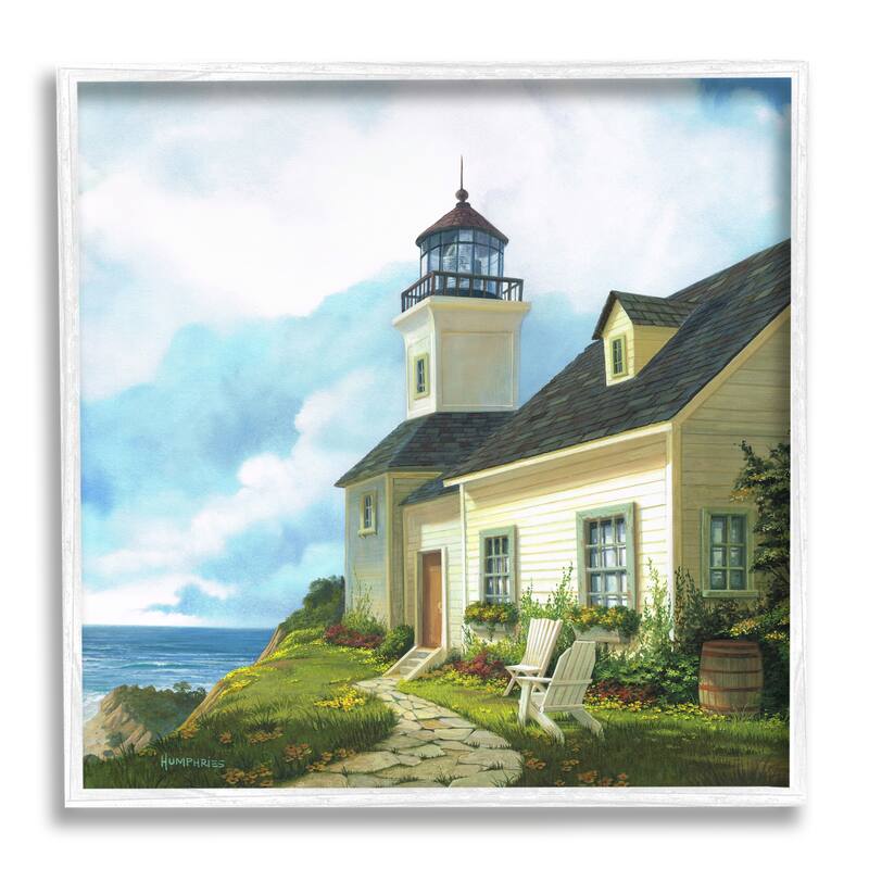 Stupell Coastal Lighthouse Beacon House Framed Giclee Art by Michael Humphries - 12 x 12 - White