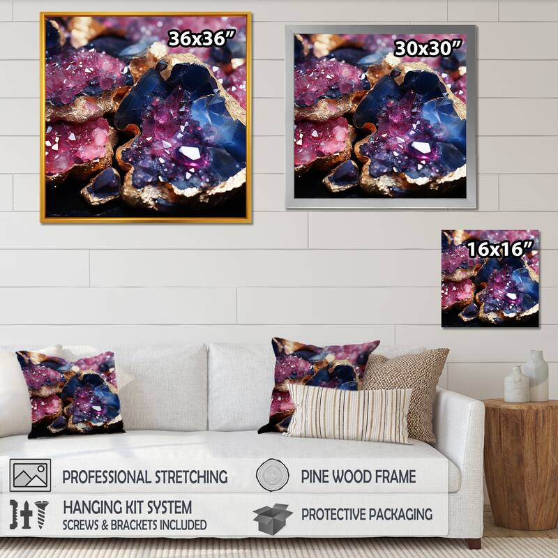 Designart "Purple And Gold Gemstone Healing" Stone Geode Wall Decor Purple Traditional Hallway Framed Wall Art Decor