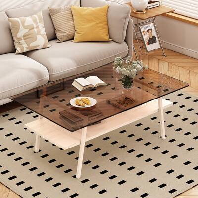 Rectangle Coffee Table, Tempered Glass Tabletop with Metal Legs, Modern Table for Living Room
