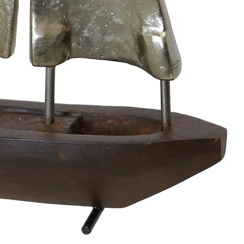 Small Pewter Sails - Natural Stained Wood Base Boat Sculpture with Pewter Metal Sails