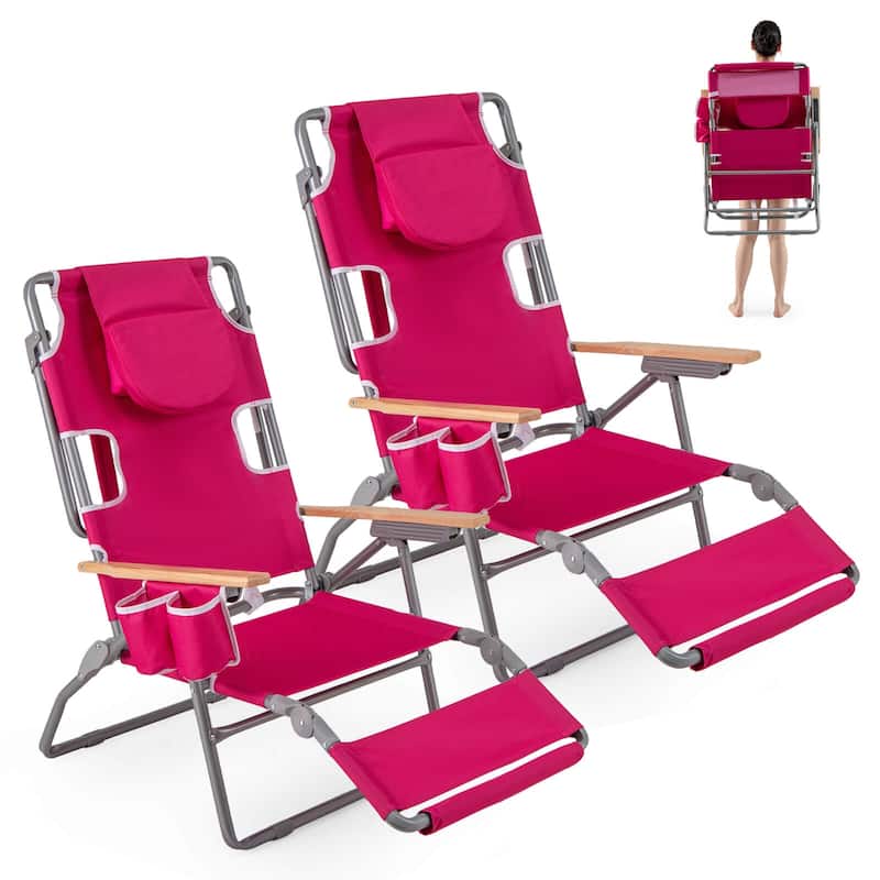 Costway 1/2 PCS 3-IN-1 Foldable Beach Chair with Face Hole, Footrest,