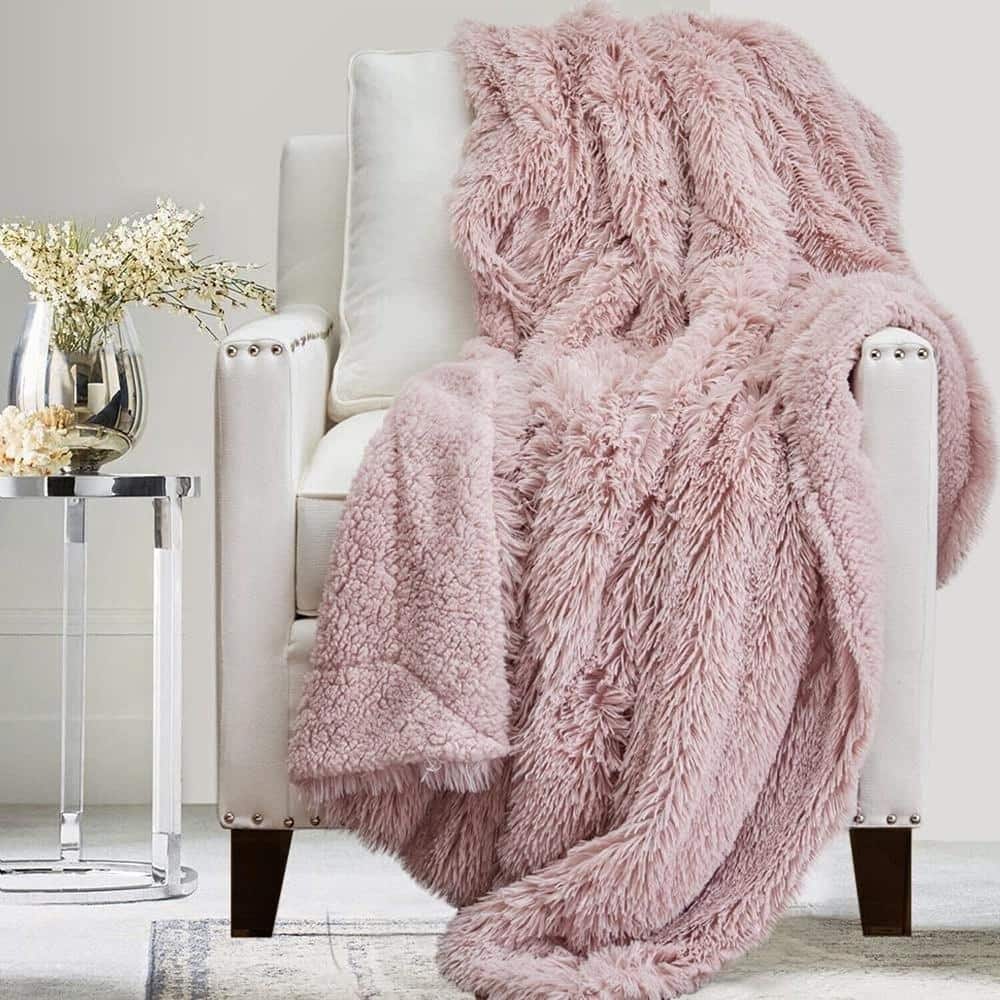 Twin Throw Blanket Soft Plush Reversible Shag and Sherpa Dusty Rose