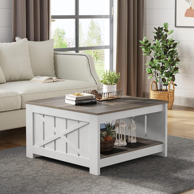 Modern Rustic Square Wood Coffee Table with Storage - Light Brown/White