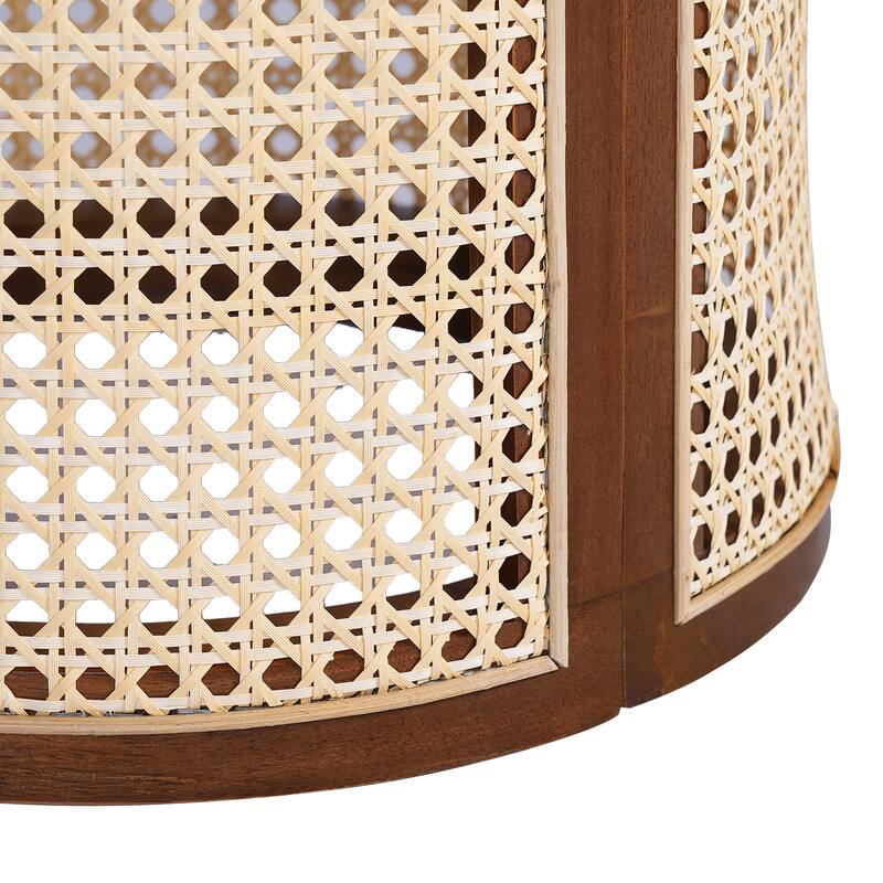 Roomfitters 15.7" Round End Table, Modern Hollow Woven Side Table with Solid Rubber Wood Tabletop and Rattan Accents